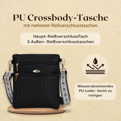 Crossbody-Tasche mit mehreren Rei&szlig;verschlussf&auml;chern, gemustertem Schulterriemen, 23x26 cm, Schwarz
